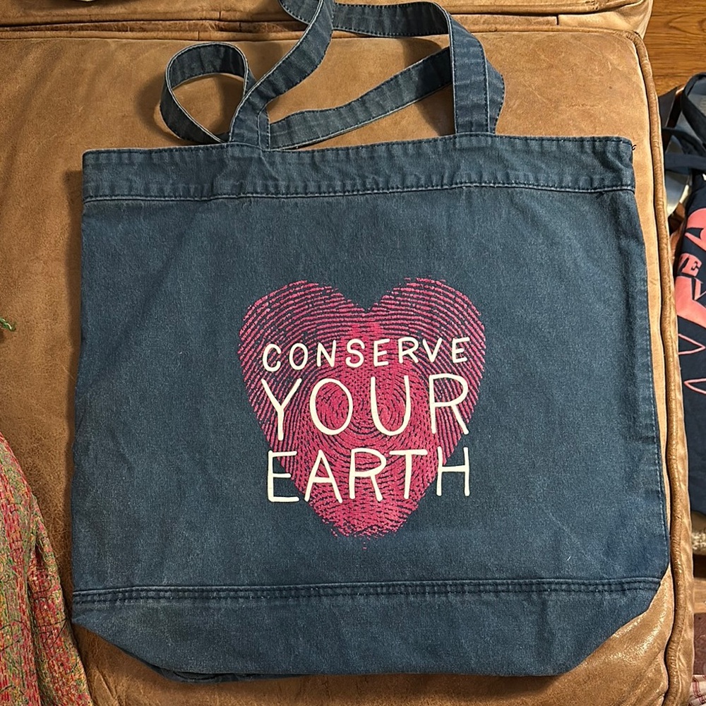 “Conserve Your Earth” Blue Tote Bag with Pink Heart Design